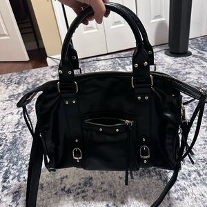 Black Double-Handle Satchel Bag with Silver Hardware